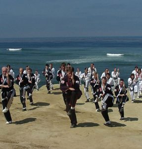 Dozens of people doing Kung Fu by the ocean